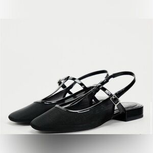 Zara Mary Jane Black Mesh and Patent Slingback Flats Blogger favorite Sz 8 BNWT